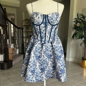 Blue and White Pleated Mini Dress Sweetheart Neckline